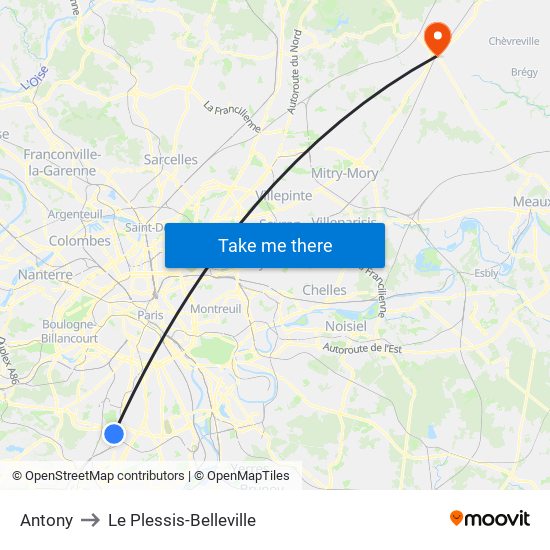 Antony to Le Plessis-Belleville map