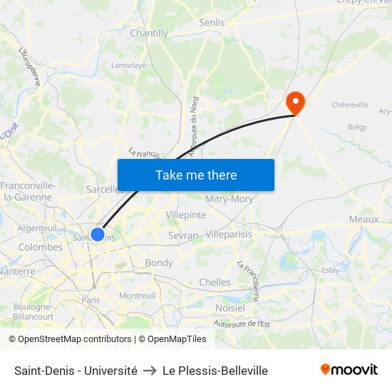 Saint-Denis - Université to Le Plessis-Belleville map