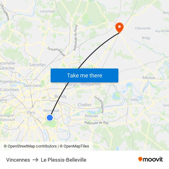 Vincennes to Le Plessis-Belleville map