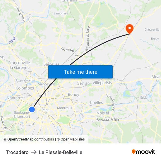 Trocadéro to Le Plessis-Belleville map