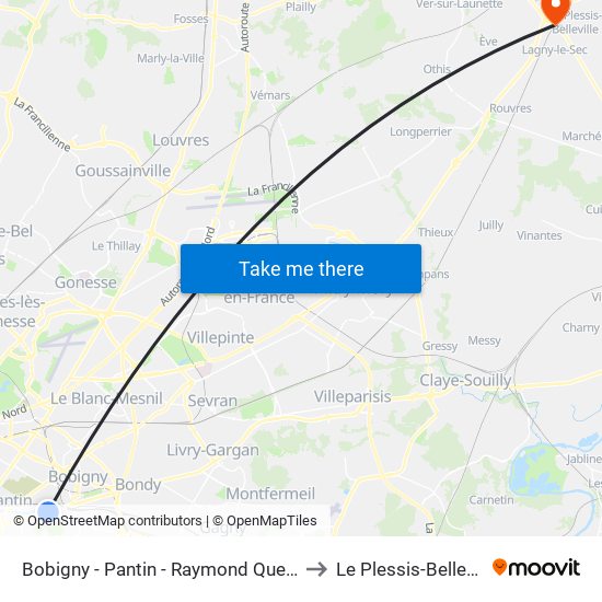 Bobigny - Pantin - Raymond Queneau to Le Plessis-Belleville map