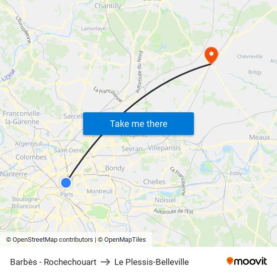 Barbès - Rochechouart to Le Plessis-Belleville map