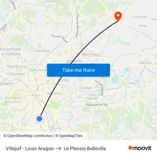 Villejuif - Louis Aragon to Le Plessis-Belleville map