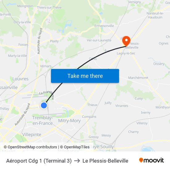 Aéroport Cdg 1 (Terminal 3) to Le Plessis-Belleville map