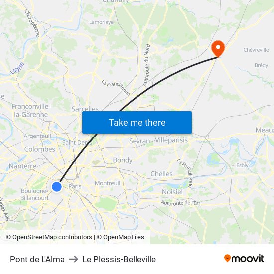 Pont de L'Alma to Le Plessis-Belleville map