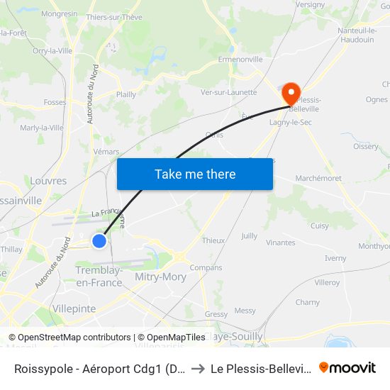 Roissypole - Aéroport Cdg1 (D3) to Le Plessis-Belleville map