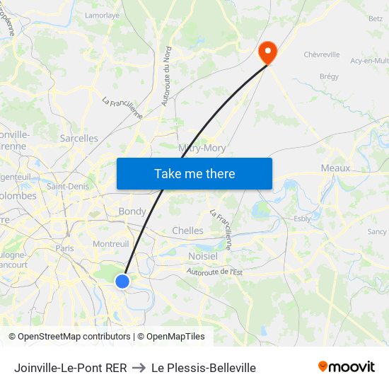 Joinville-Le-Pont RER to Le Plessis-Belleville map