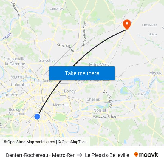 Denfert-Rochereau - Métro-Rer to Le Plessis-Belleville map