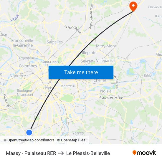 Massy - Palaiseau RER to Le Plessis-Belleville map