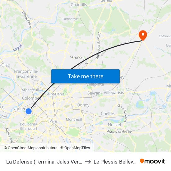 La Défense (Terminal Jules Verne) to Le Plessis-Belleville map