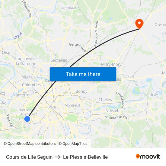 Cours de L'Ile Seguin to Le Plessis-Belleville map