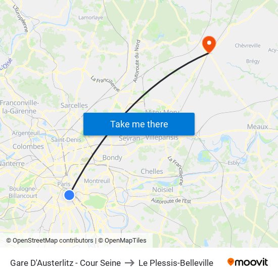 Gare D'Austerlitz - Cour Seine to Le Plessis-Belleville map