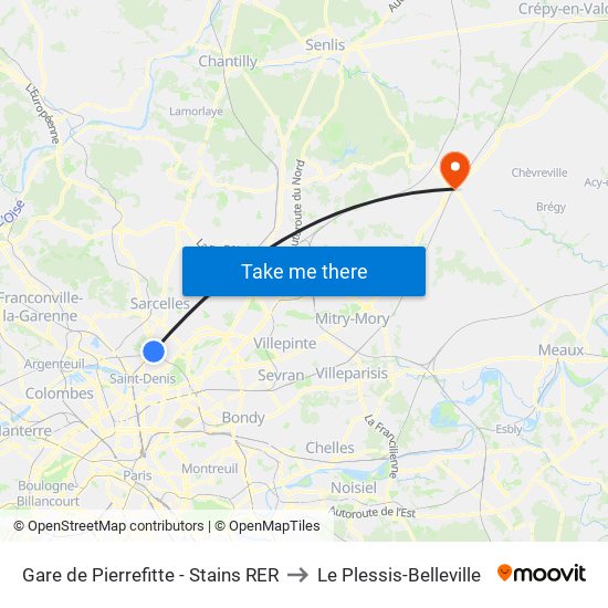 Gare de Pierrefitte - Stains RER to Le Plessis-Belleville map