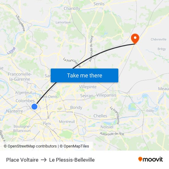 Place Voltaire to Le Plessis-Belleville map