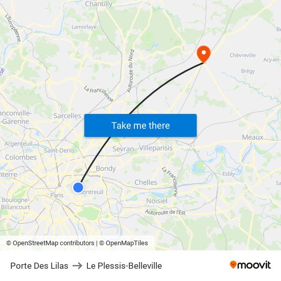 Porte Des Lilas to Le Plessis-Belleville map