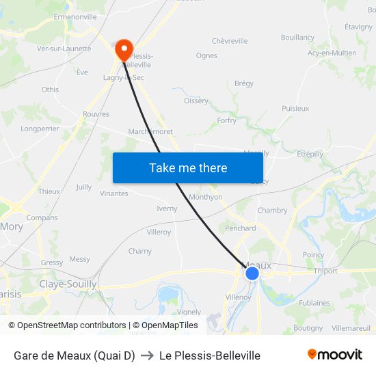 Gare de Meaux (Quai D) to Le Plessis-Belleville map