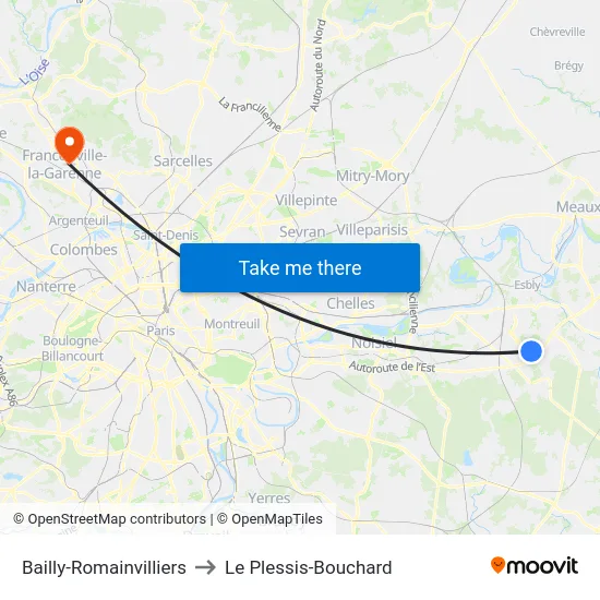 Bailly-Romainvilliers to Le Plessis-Bouchard map