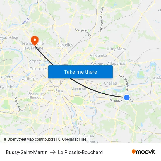Bussy-Saint-Martin to Le Plessis-Bouchard map