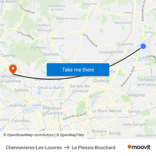 Chennevieres-Les-Louvres to Le Plessis-Bouchard map
