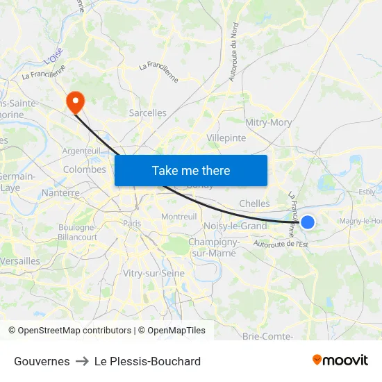 Gouvernes to Le Plessis-Bouchard map