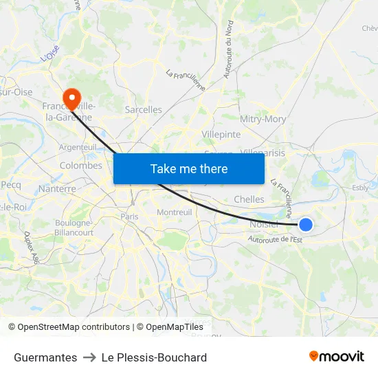 Guermantes to Le Plessis-Bouchard map