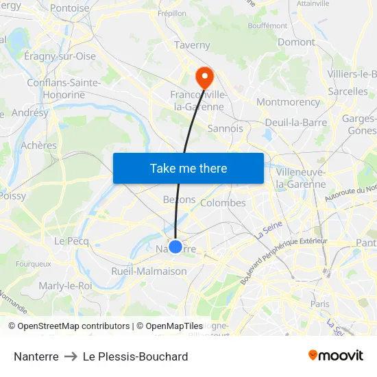 Nanterre to Le Plessis-Bouchard map