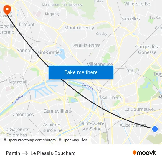 Pantin to Le Plessis-Bouchard map