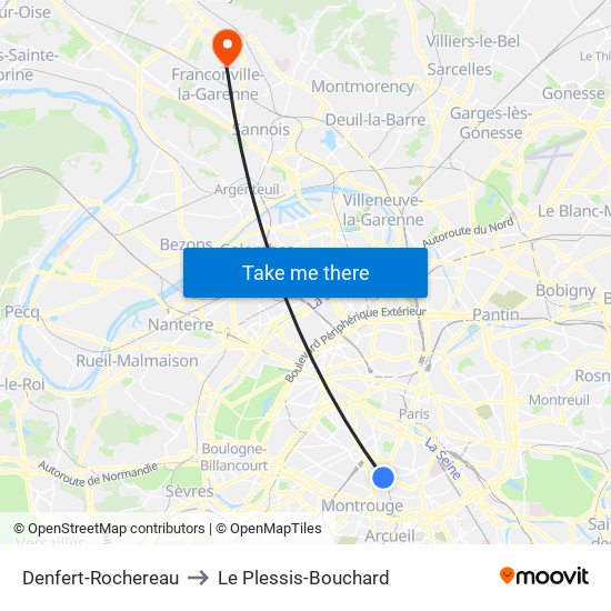 Denfert-Rochereau to Le Plessis-Bouchard map