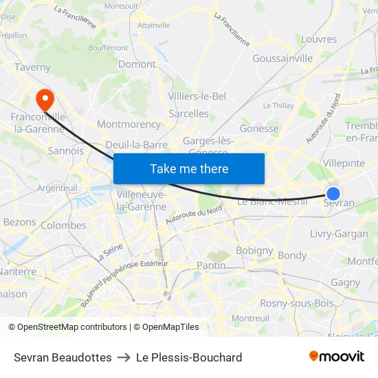 Sevran Beaudottes to Le Plessis-Bouchard map