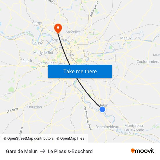 Gare de Melun to Le Plessis-Bouchard map