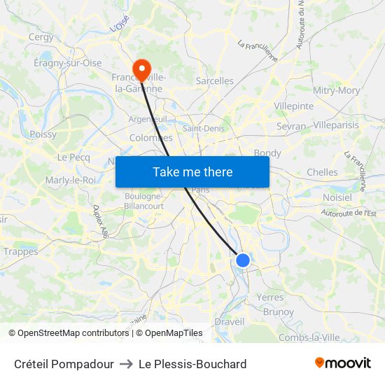 Créteil Pompadour to Le Plessis-Bouchard map