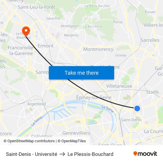Saint-Denis - Université to Le Plessis-Bouchard map