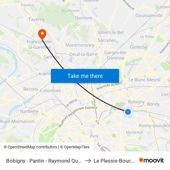 Bobigny - Pantin - Raymond Queneau to Le Plessis-Bouchard map