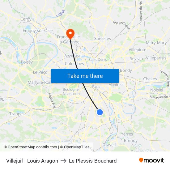 Villejuif - Louis Aragon to Le Plessis-Bouchard map