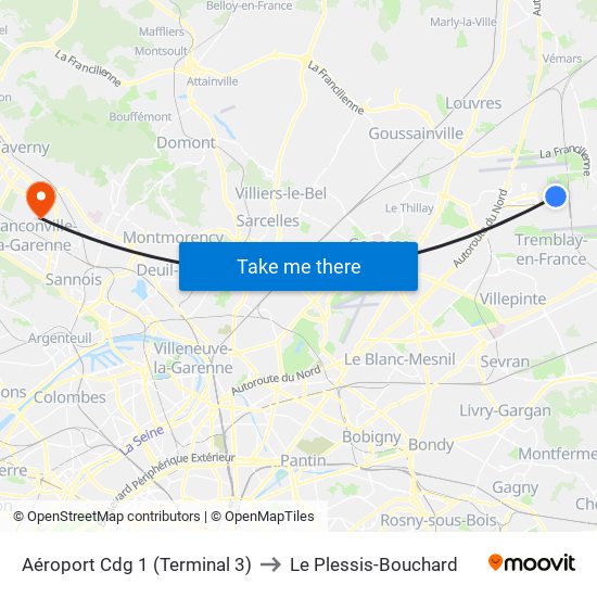 Aéroport Cdg 1 (Terminal 3) to Le Plessis-Bouchard map