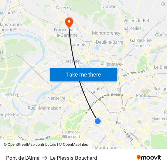 Pont de L'Alma to Le Plessis-Bouchard map