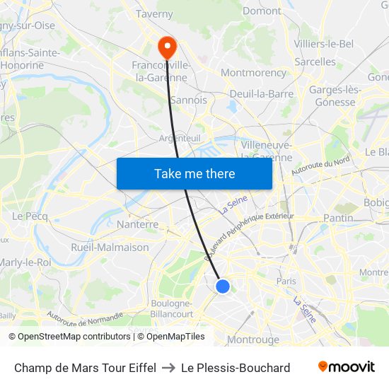 Champ de Mars Tour Eiffel to Le Plessis-Bouchard map