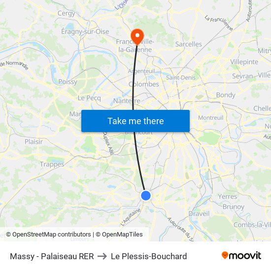 Massy - Palaiseau RER to Le Plessis-Bouchard map