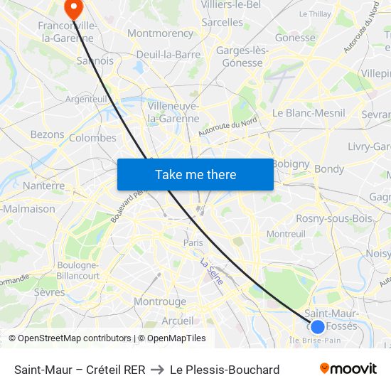 Saint-Maur – Créteil RER to Le Plessis-Bouchard map