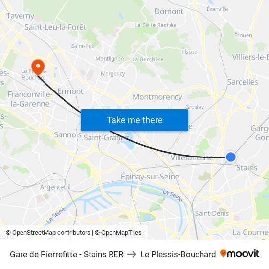 Gare de Pierrefitte - Stains RER to Le Plessis-Bouchard map