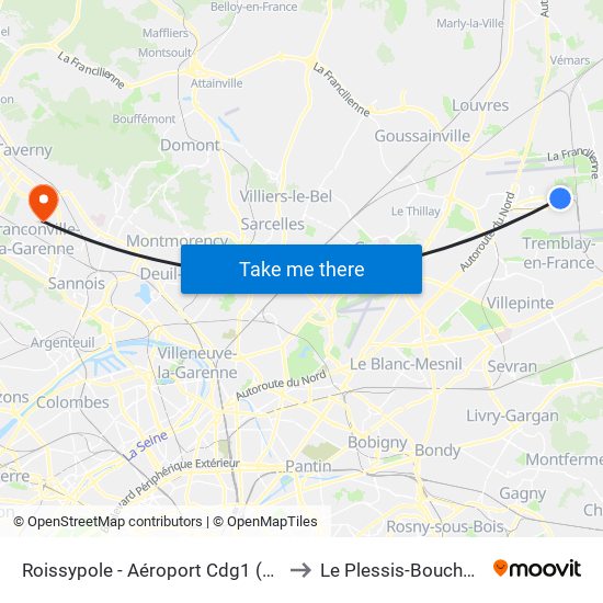 Roissypole - Aéroport Cdg1 (D1) to Le Plessis-Bouchard map