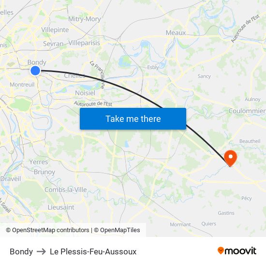 Bondy to Le Plessis-Feu-Aussoux map