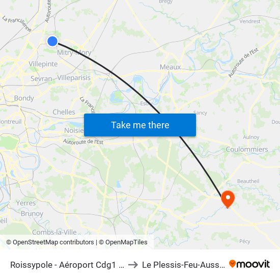 Roissypole - Aéroport Cdg1 (D3) to Le Plessis-Feu-Aussoux map