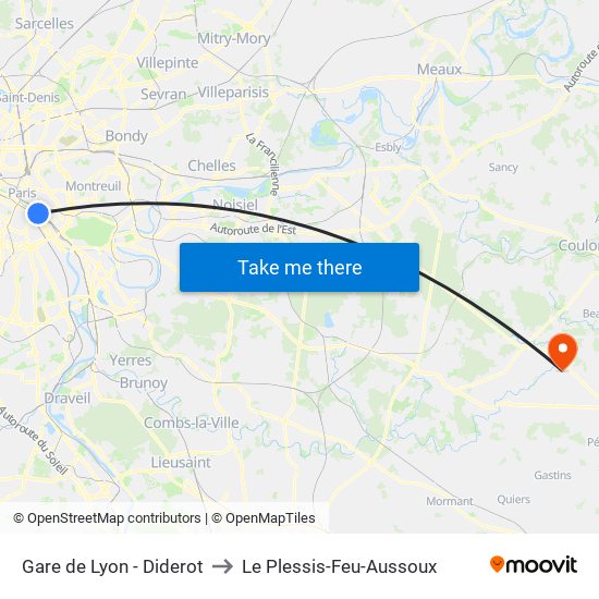 Gare de Lyon - Diderot to Le Plessis-Feu-Aussoux map