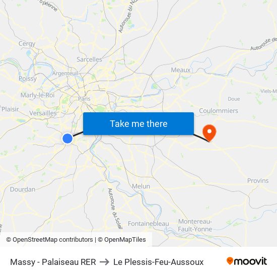 Massy - Palaiseau RER to Le Plessis-Feu-Aussoux map