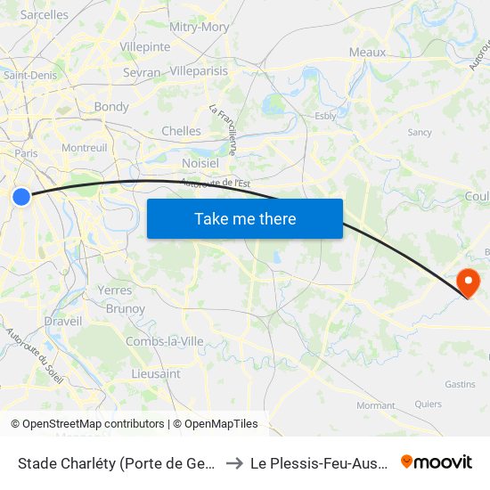 Stade Charléty (Porte de Gentilly) to Le Plessis-Feu-Aussoux map