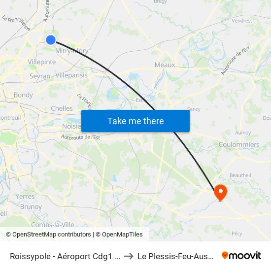 Roissypole - Aéroport Cdg1 (G1) to Le Plessis-Feu-Aussoux map