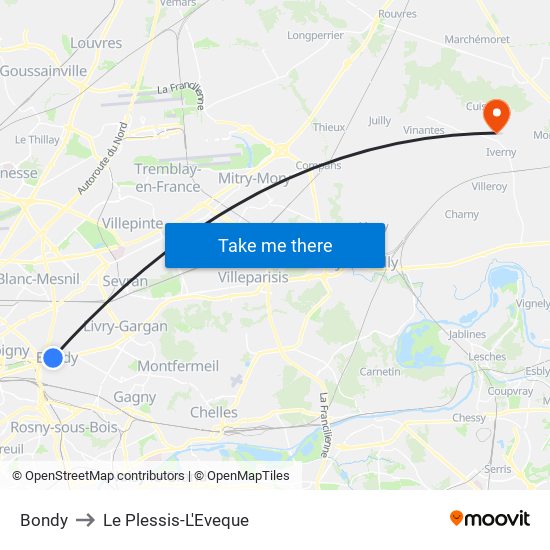 Bondy to Le Plessis-L'Eveque map