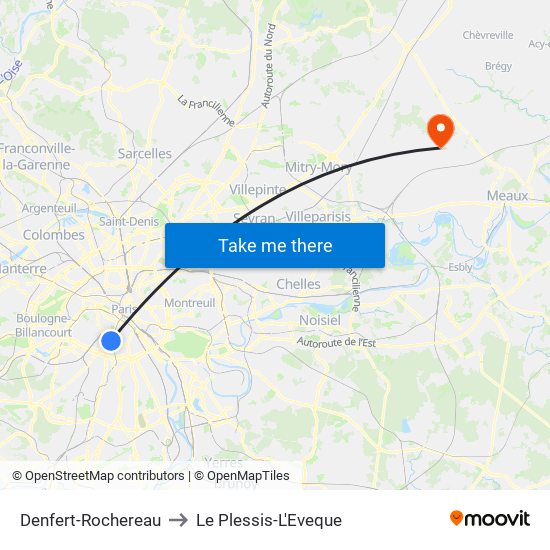 Denfert-Rochereau to Le Plessis-L'Eveque map
