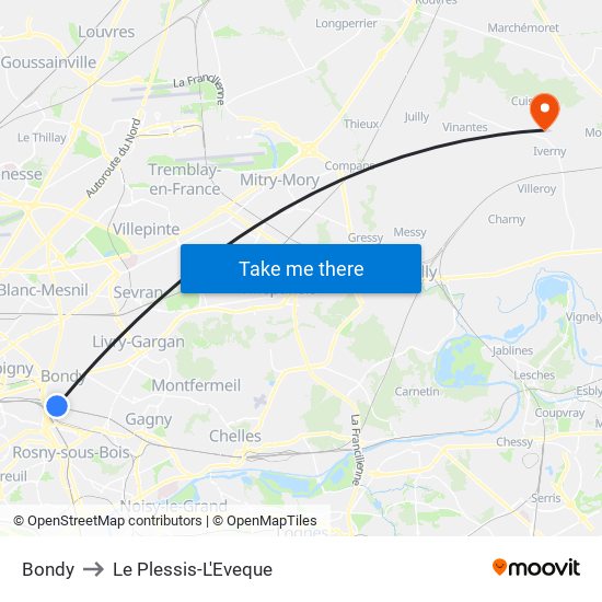 Bondy to Le Plessis-L'Eveque map